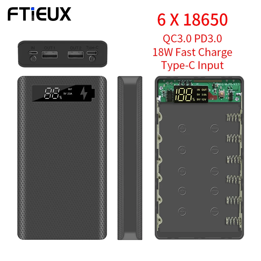 6x18650 Power Bank Case Dual USB QC3.0 PD Fast Charging Battery Box DIY Shell Holder Storage For 18650 |