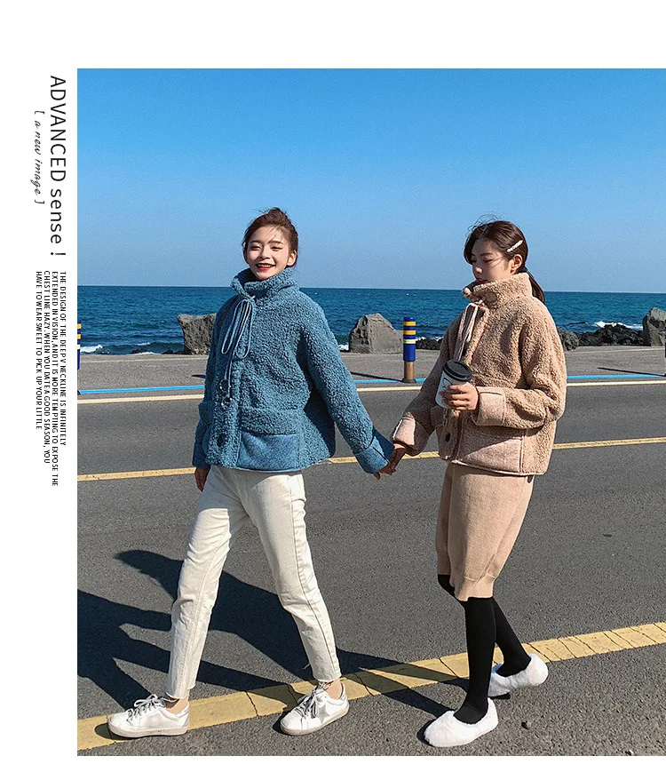 Chic Korean-style Short Loose-Fit Lambs Wool Thick Stand Collar Lace-up Best Friend-Cotton Overcoat Women's Winter Fashion