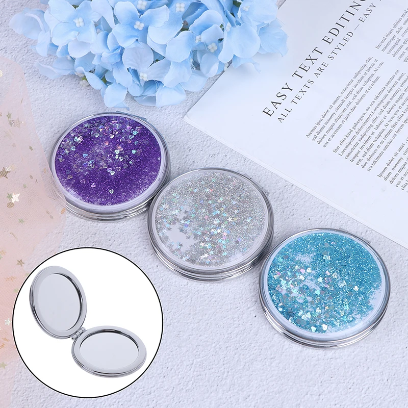Cosmetic Mirror With Flowing Sparkling Sand Mini Double-Sided Folding Makeup Mirror Compact Pocket Mirror Portable