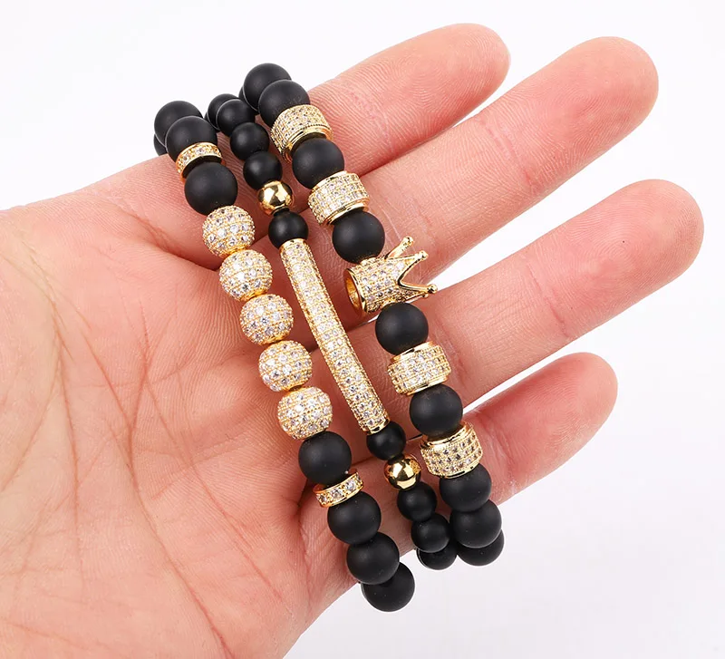 JARAVVI Luxury Design CZ Pave Crown Charm Natural Stone Matte Onyx Elastic Bracelet Set Men Jewelry Gift - Image 4