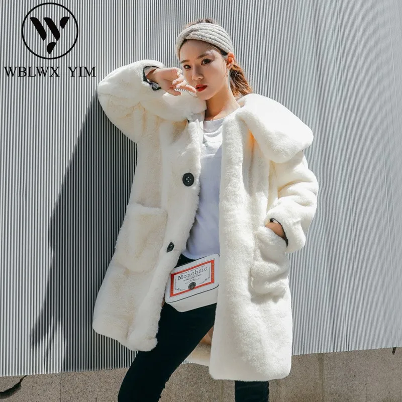 Winter coat women High quality Faux Rex rabbit fur coat Fashion Doll collar fur jacket Women Thick Warm long coat Loose Overcoat