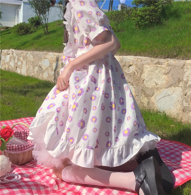 2020 Summer Soft Girly Ruffled Puff Sleeve Floral Printed Lady Dress Female Japanese Sweet Kawaii Cute Lolita Style Women Dress