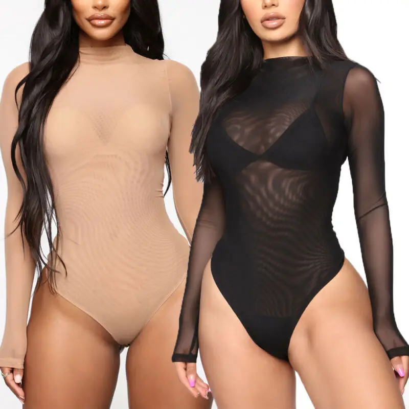Body de malla para mujer, mono ajustado con cuello de tortuga, Body ajustado transparente, ropa Sexy para el cuerpo, traje para el sol 2019
