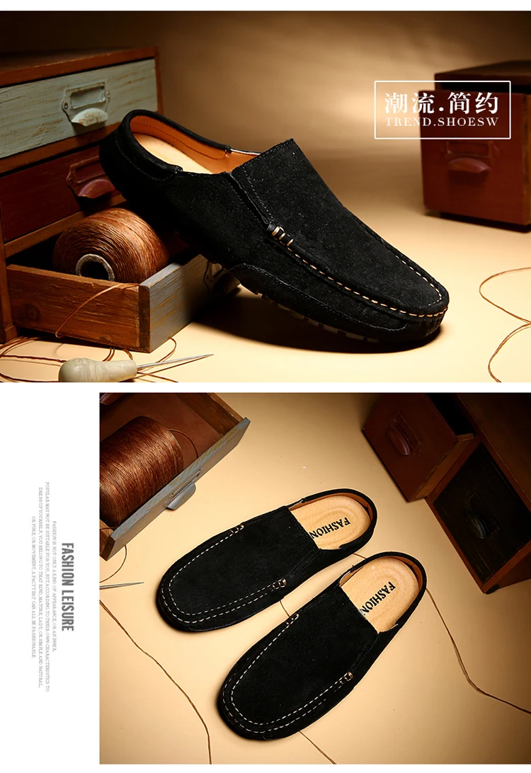 Man Summer Fashion Pig Skin Casual Half Shoe Male Breathable Soft Backless Half Loafers Hombre Open Back Leather Comfy Mocassins