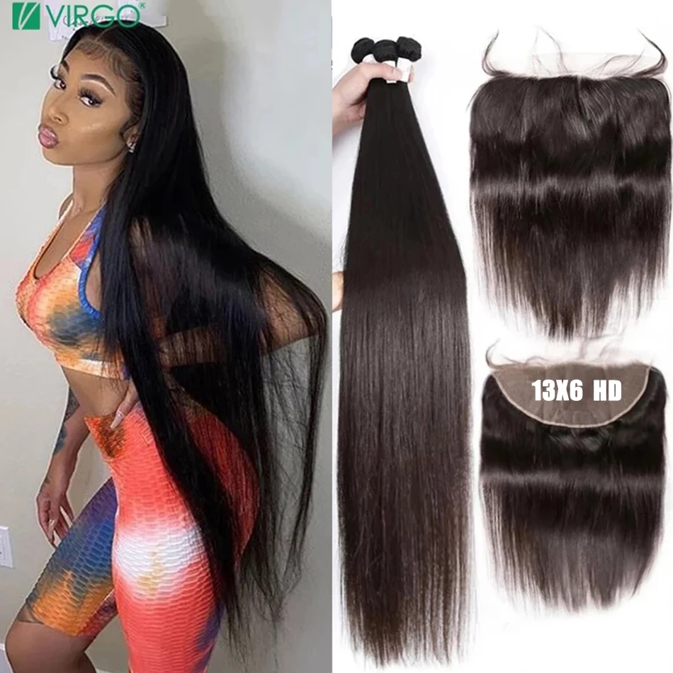 Virgo 30 Inch 13X6 Lace Frontal Brazilian Straight Human Hair Bundles With HD Transparent Closure Remy | Шиньоны и парики