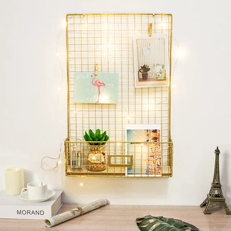 

Nordic Gold Wall Hanging Storage Rack DIY Iron Mesh Grids Multi-function Photos Display Creative Home Decorative Shelf Holders