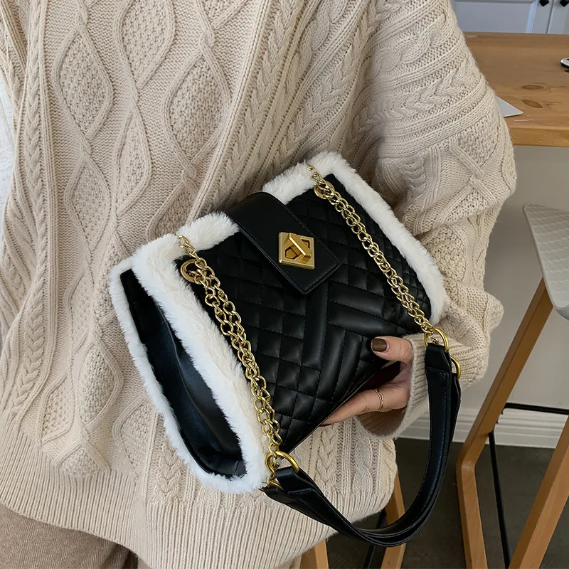 

New Women's Casual Plush Shoulder Bag Simple Wild Portable Diagonal Capacity Tote Bag Elegant Faux Fur Messenger Bag Female