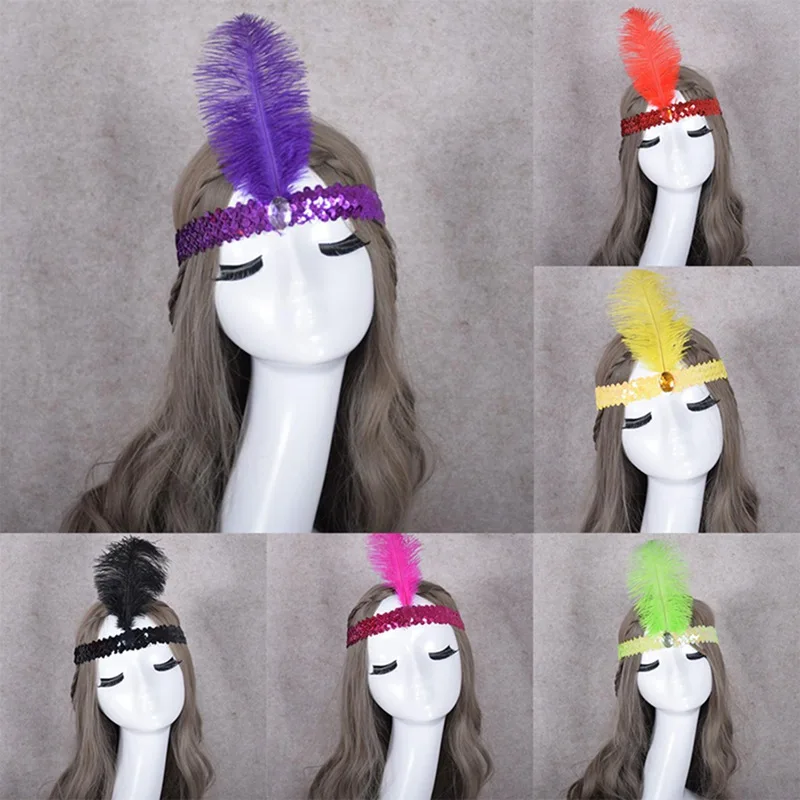 

8 PCS Women Sequin Flapper Headband 1920s Charleston Dress Costume Ostrich Feather Head Band Indian Dance Hair Accessories