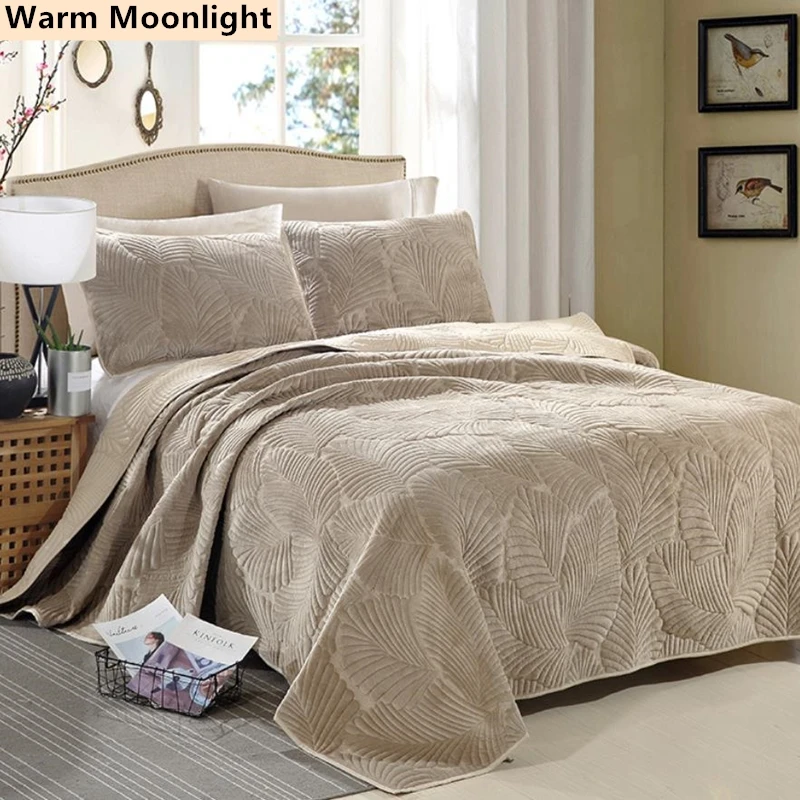 1 Pc Bed Cover 2 Pcs Pillowcases Banana Leaf Pattern Bedspread Quilting Jacquard Blanket Sheet B