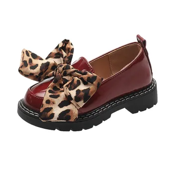 

Big Kids Loafers Bow-knot with Leopard Fashion Children Leather Shoes for Girls Medium New Slip-on Flats Oxfords Princess Shoes