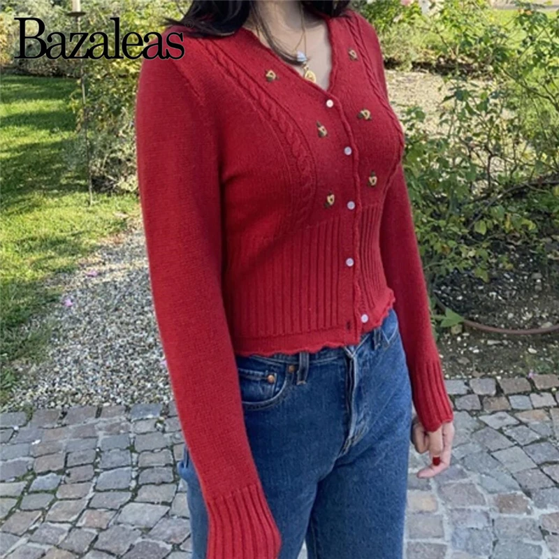 Bazaleas Франция Emile красный карфиганс винтажный цветочный вышитый свитер для женщин