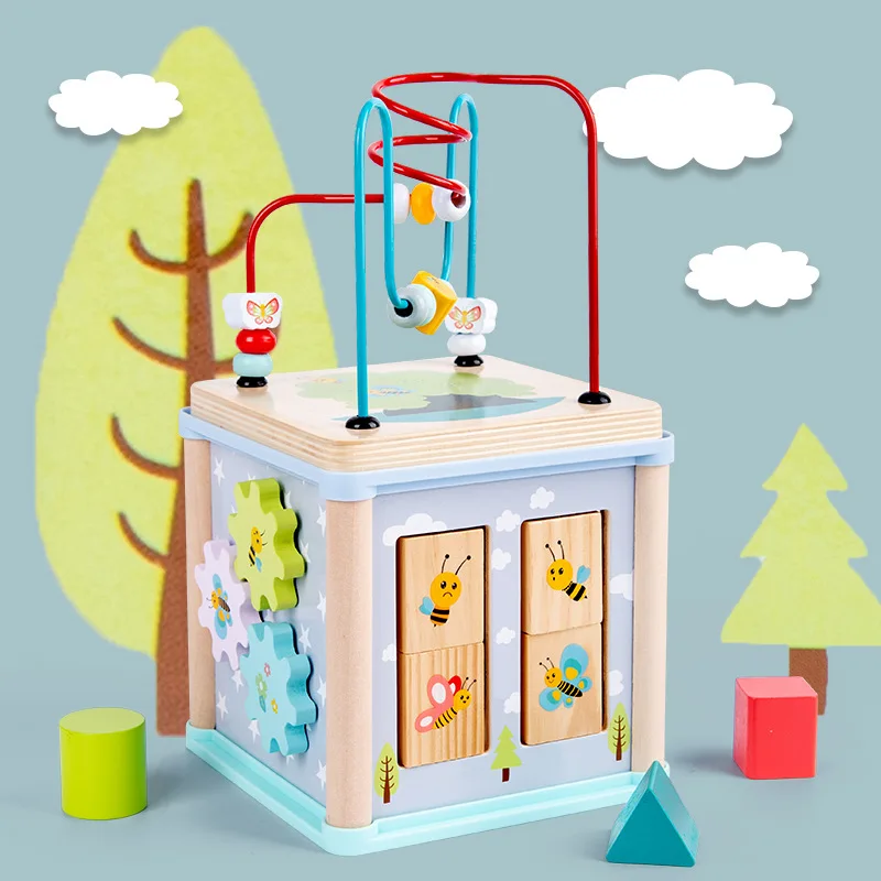 

Multi-functional Wood Baby Bead-stringing Toy Treasure Chest Smooth Polishing Multi-Faceted Play Storage Macarons Treasure Chest