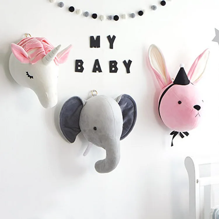

Nordic Animal Headdress Children's Room Decoration Pendant Unicorn Elephant Rabbit Kids Room Toy Head Plush Bedroom Decor