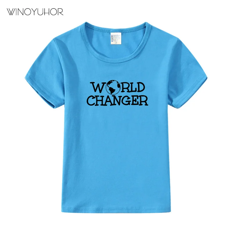 Детская футболка с надписью «World Changer» футболка для мальчиков и девочек, детская одежда для малышей футболки с круглым вырезом и смешной короткий рукав