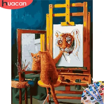 

HUACAN Oil Painting By Numbers Cat Draw Tiger Animal On Canvas Wall Art HandPainted Set Home Decor DIY Gift