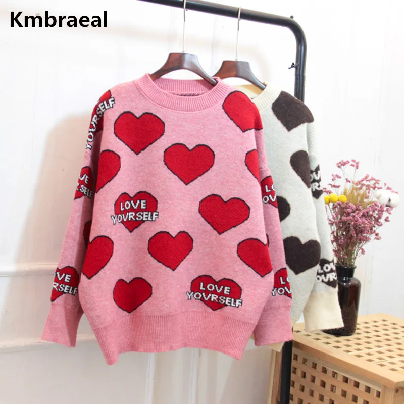 

Kmbraeal Women Oversized Sweater and Pullovers Oneck Sweet Heart Letters Printed Pull Jumpers Long SLeeve Pink Streetwear Top