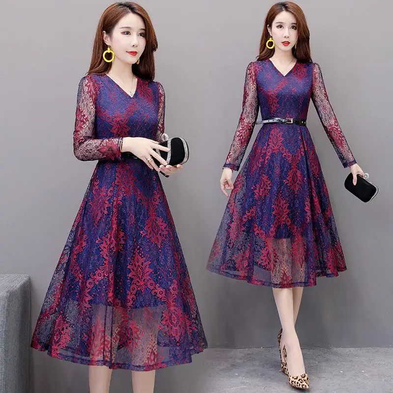 

M-5XL V neck Large Size Women Lace Dress Autumn Flower Lace Night Dress Elegant Plus size Female Long Party Dress Without Belt