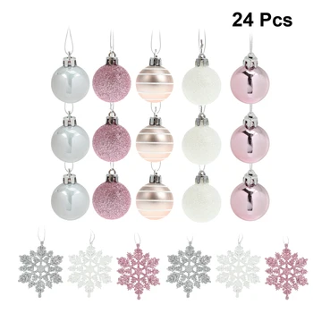 

24Pcs Silver Pink Christmas Snowflake Shaped Set Christmas Decor Christmas Ball Snowflake Pendant Set for Shop Home Office A30