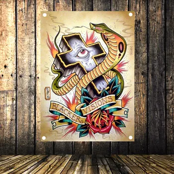 

Classic Old School Tattoo Pattern Nostalgic Retro Banner Hanging Flag Tapestry Studio Living Room Dormitory Wall Decoration