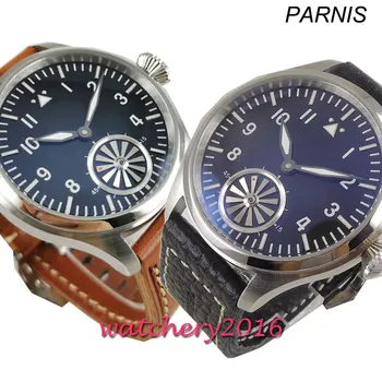 

parnis 47mm black dial luminous hands mechanical hand winding 6498 mens watch