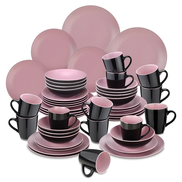 VANCASSO – service de table en grès, 16/32/48 pièces, noir et rose mat,  avec assiette à dîner, assiette à Dessert, bol, tasse - AliExpress