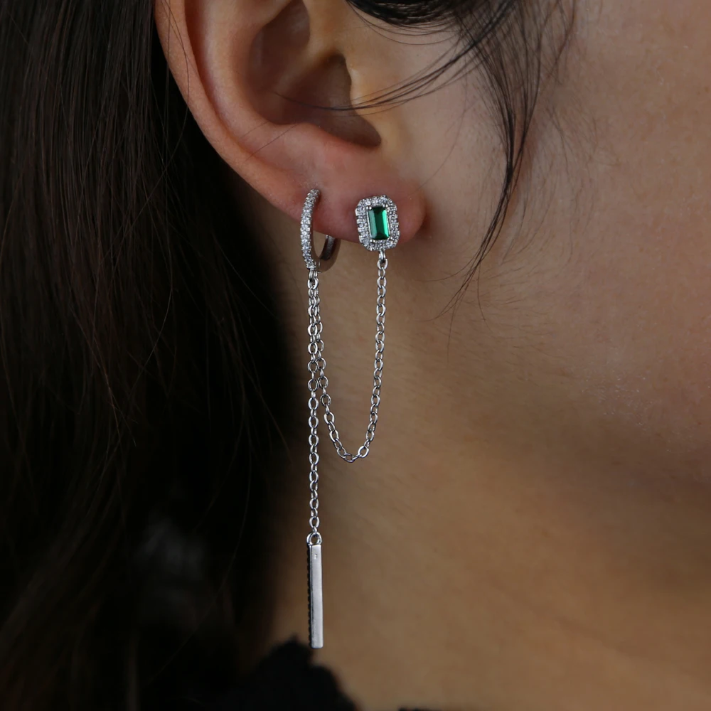 double piercing silver color rose gold clear green rectangle cubic zirconia long chain tassel earring 2020 new 6