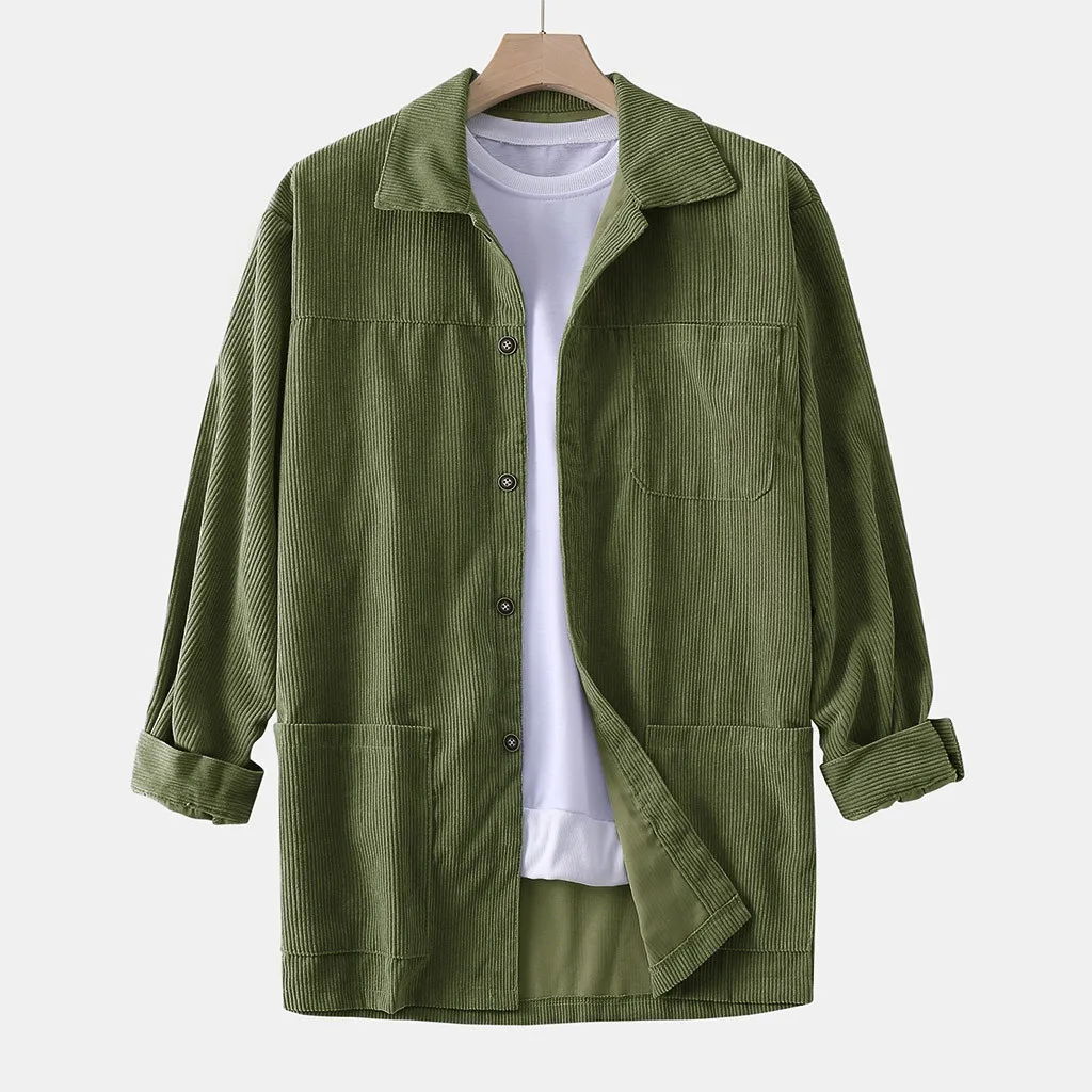 Зеленый Мужское осеннее модное пальто, повседневные рубашки, одноцветные Топы с длинным рукавом, вельветовые мужские рубашки в стиле Харадзюку, облегающие мужские рубашки Camisa Social Masculina - Цвет: Зеленый