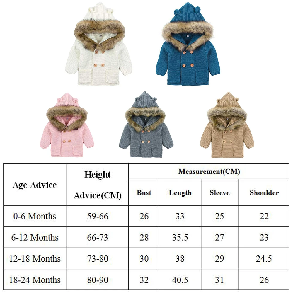 Теплое зимнее однотонное вязаное пальто с капюшоном для новорожденных мальчиков и девочек куртка с меховым воротником одежда для детей от 0 до 24 месяцев