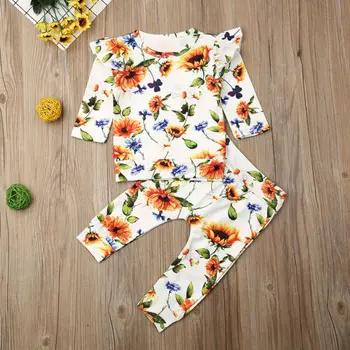 

Emmababy Newborn Kids Baby Boys Girls Outfits Clothes Ruffles Sunflower Printed Tops+Pants Outfit Set Autumn