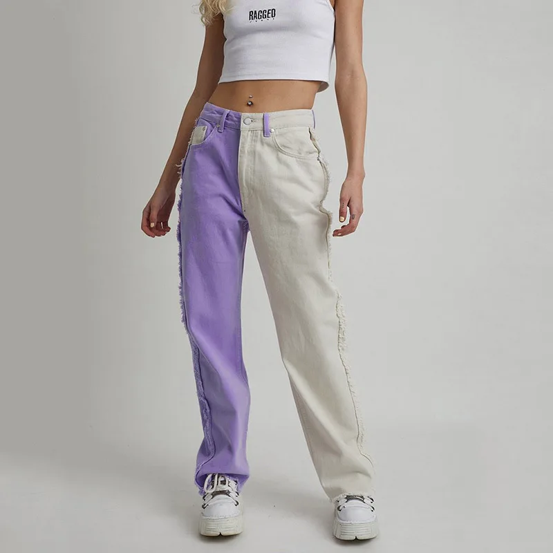 New Women Patchwork Jeans Purple White 