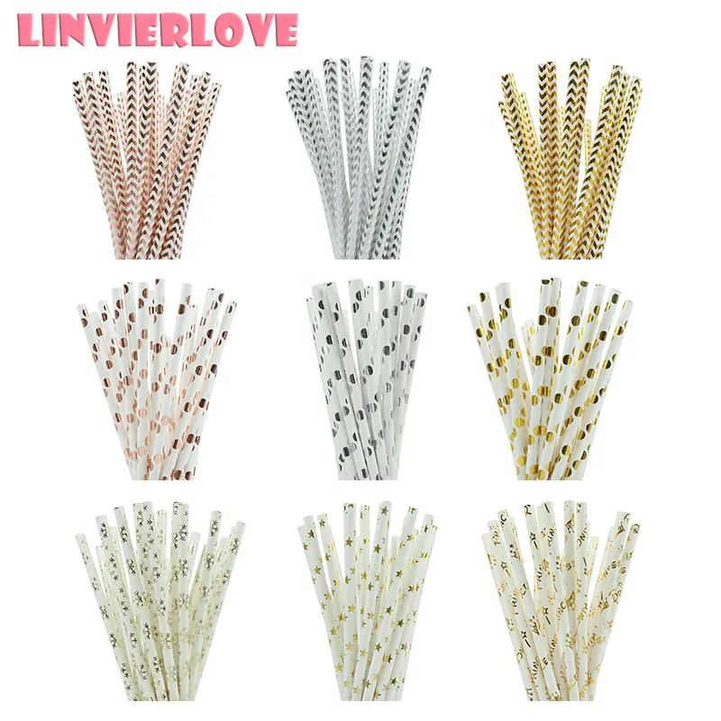 

LINVIERLOVE 25Pcs Rose Gold Wave Dot Paper Drinking Straws For Wedding Birthday Disposable Straws Festival Party Decor Suppplies