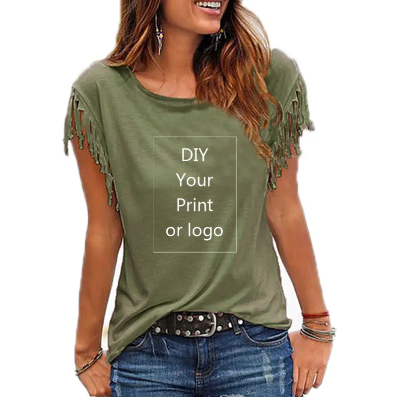 Customized Print T Shirt for Women DIY Your Like Photo or Logo Top Cotton Tassel Short Sleeve O-neck Cotton Tee 3
