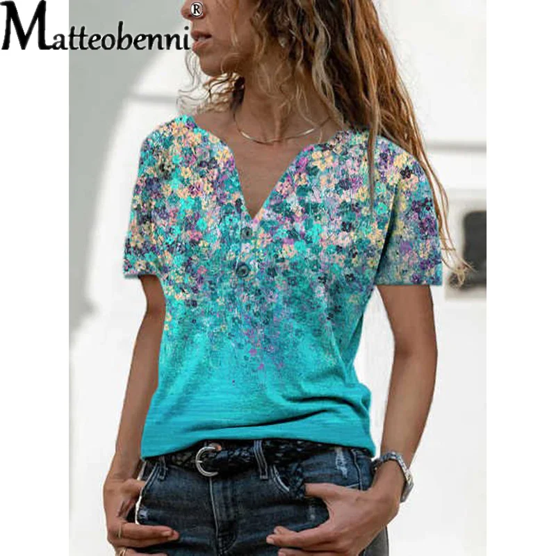 

Flower Print Women T-Shirts Summer Short Sleeve Fashion Tee Loose V-Neck Buttons High Street Ladies Large Size Blue T-Shirt Tops
