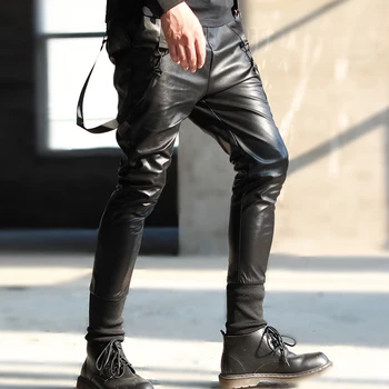 

Korean version tide men's tight leather pants 2019 new men's motorcycle leather pants stretch Slim harem pants