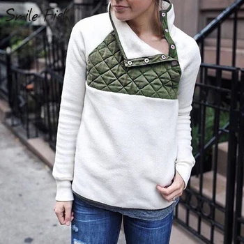 

3XL Plus Size Harajuku Button Up Collar Women Fleece Plush Pullover Hoody Jackets Winter Warm Turtleneck Patchwork Hoodies GV011