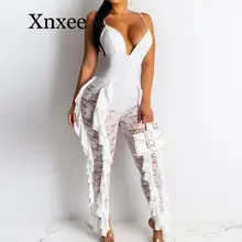 Sexy Lace Cascading Ruffles Patchwork Jumpsuits Strap Deep V Sleeveless Women White Black Club Backless Overalls Bodycon Romper