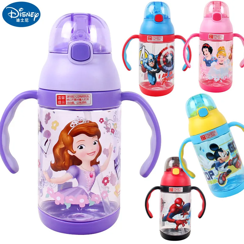 

430mL Disney Cartoon Baby Cup Children Feeding Cups Straw Leak-proof Bottle with Handle and Strap Sippy Mug Water Milk Bottle