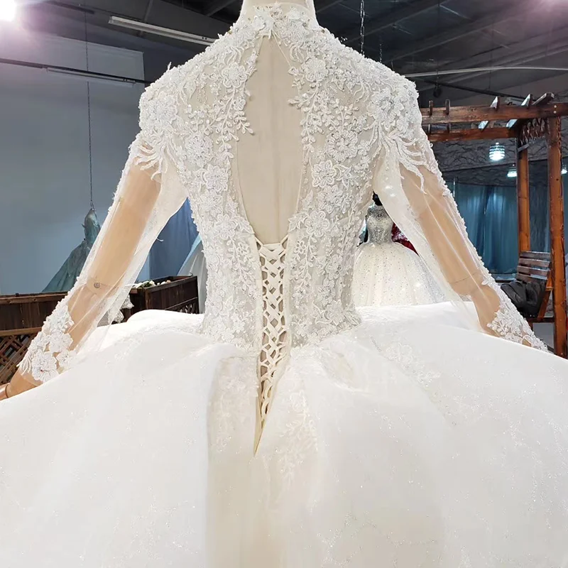 HTL1910 Elegant Extravagant Covered Sequin Crystal Wedding Dress 2020 Deep V-Neck Long Sleeve Lace Up Back 5
