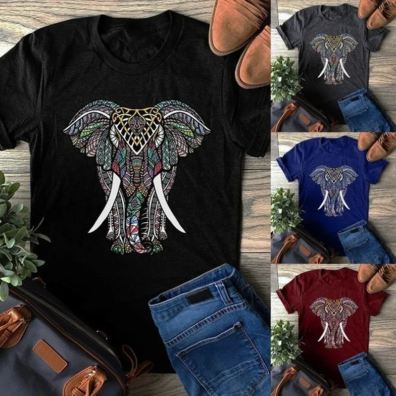 Camiseta con estampado de elefante para Mujer, ropa holgada de manga corta con cuello redondo, estilo bohemio, para verano