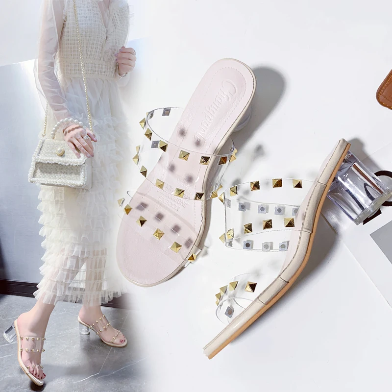 

2020 summer new style wear wild transparent high-heeled sandals female fairy wind rivets crystal heel sandals and slippers Z814