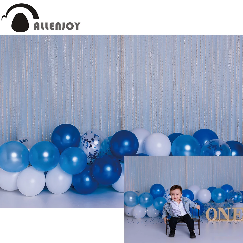 

Allenjoy Cake Smash Backdrop for Boy Blue White Balloon Curtain Background Banner Photography Birthday Baby Shower Photo Studio