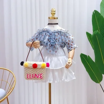 

fashion girls half sleeve Chiffon dot print tops blouses solid tiered skirts kids girl clothing children clothes set 2pcs 2-7Y