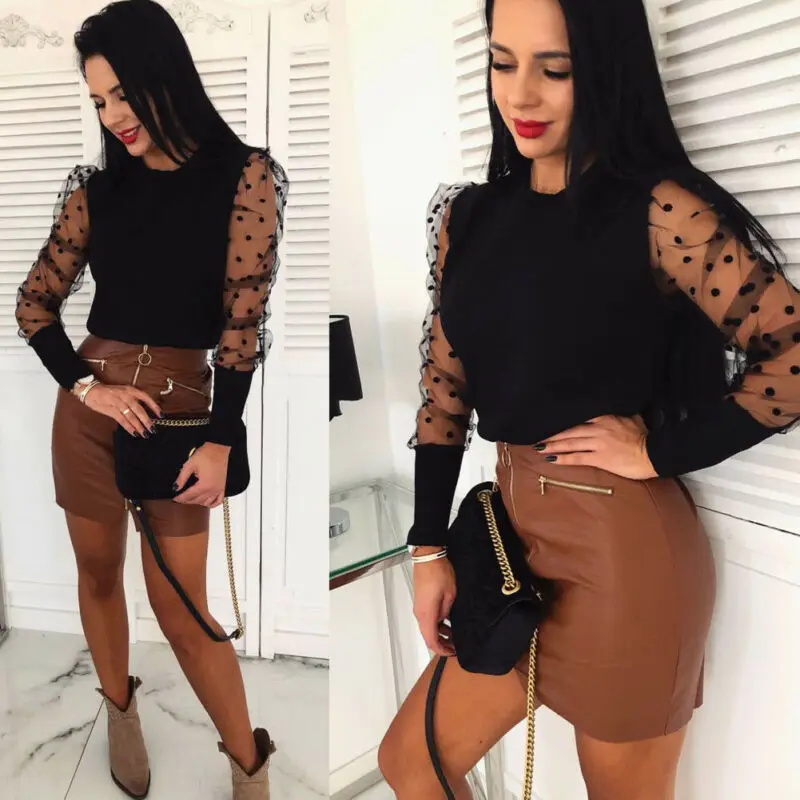 NEW Fashion Women Round Collar Polka Dot Mesh Sheer Tee See-through Long Puff Sleeve Slim Fit Club Tops Casual T-Shirts