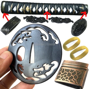 

A Set of Sword Handle/Iron Accessory For Japanese Katana/Wakizashi/Tanto Metal Crafts Tsuba+Menuki+Fuchi+Kashira+Habaki+Seppa