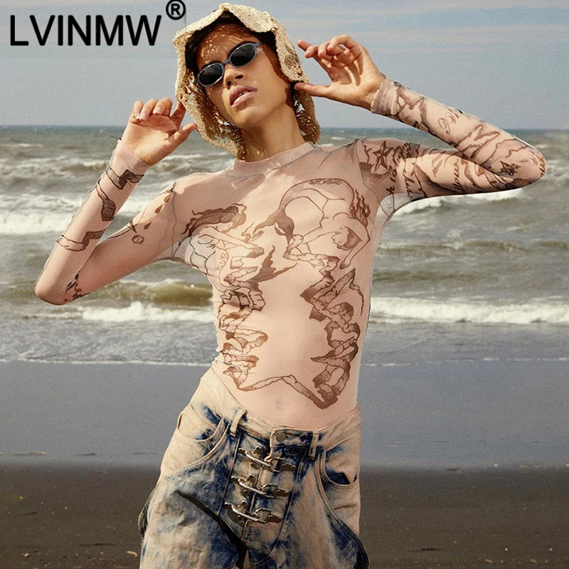 LVINMW модный сетчатый облегающий боди с круглым вырезом и длинным рукавом новинка