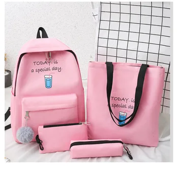 

4 Pcs set Backpack Fashion Women Backpack Canvas Solid School Bags Printing For Girl Mochilas Female Children Student Backpack