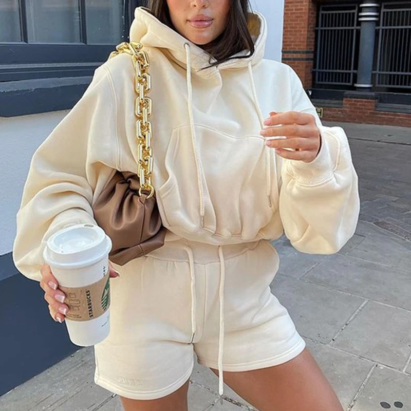 Spring Casual Women Sweatshirt & Shorts 2021 Solid Loose Hoodie Drawstring Fashion 2 Piece Sets Outfits Tracksuit |