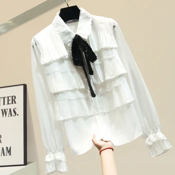 

Bow Layers Pleated Shirt Women's Black Shirt Bluzki Damskie Women Tops Blusas Mujer De Moda 2020 Spring New Blusa Feminina