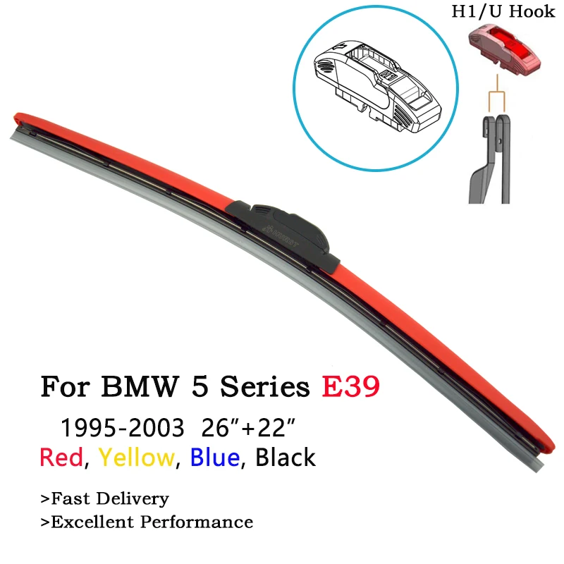 

Newest Colorful Hybrid Wiper Blades For BWM E39 Model Year From 1995 To 2003 2Pcs Colored Wipers 26" + 22" Fit H1 U J Hook Arms