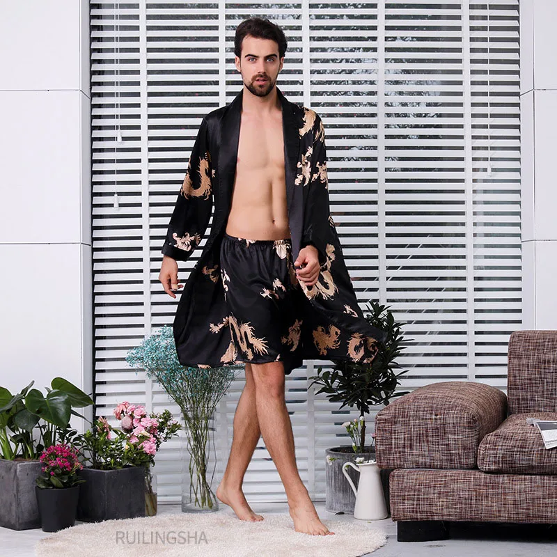 Black Two-piece Robe Suit Male Silk Dragon Dressing Gown Extra large 5XL Robe With Dragons Mens Satin Bathrobe Silk Kimono Men red pajama pants